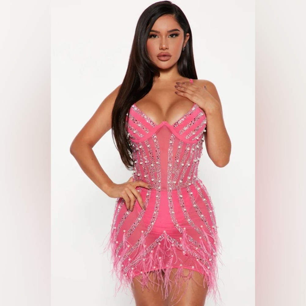 Fashion Nova Vibrant Pink Beaded Mini Dress